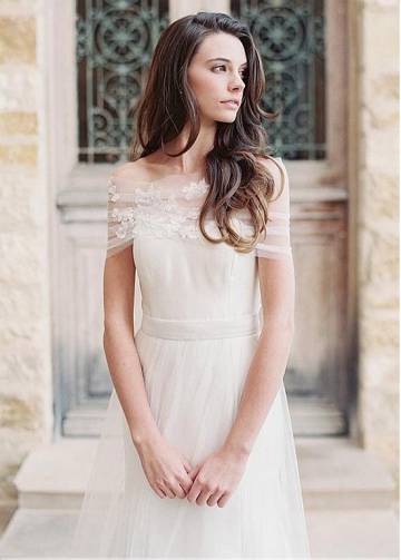 Elegant Tulle Off-the-shoulder Neckline A-line Wedding Dress With Lace Appliques & Belt