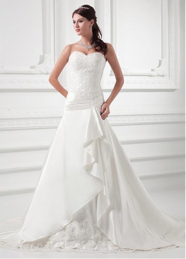 Charming Tulle & Satin Sweetheart Neckline Dropped Waistline A-line Wedding Dress With Beadings & Lace Appliques