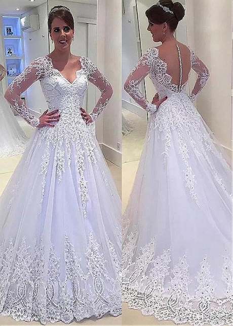 Elegant Tulle V-neck Neckline A-line Wedding Dress With Beaded Lace Appliques