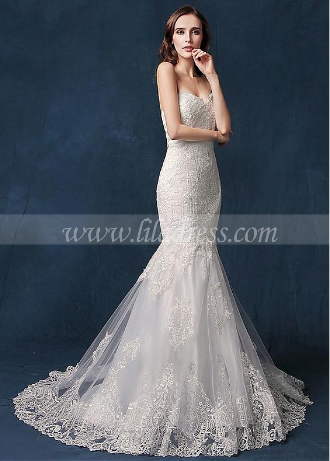 Stunning Tulle Sweetheart Neckline Natural Waistline Mermaid Wedding Dress With Lace Appliques