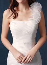 Exquisite Organza One Shoulder Neckline Natural Waistline Mermaid Wedding Dress With Ruffles & Beadings