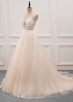 Graceful Tulle & Organza Sheer Jewel Neckline See-through Bodice A-Line Wedding Dress With Beaded Lace Appliques