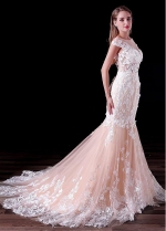 Eye-catching Tulle Bateau Neckline Cap Sleeves Floor-length Mermaid Wedding Dresses With Lace Appliques