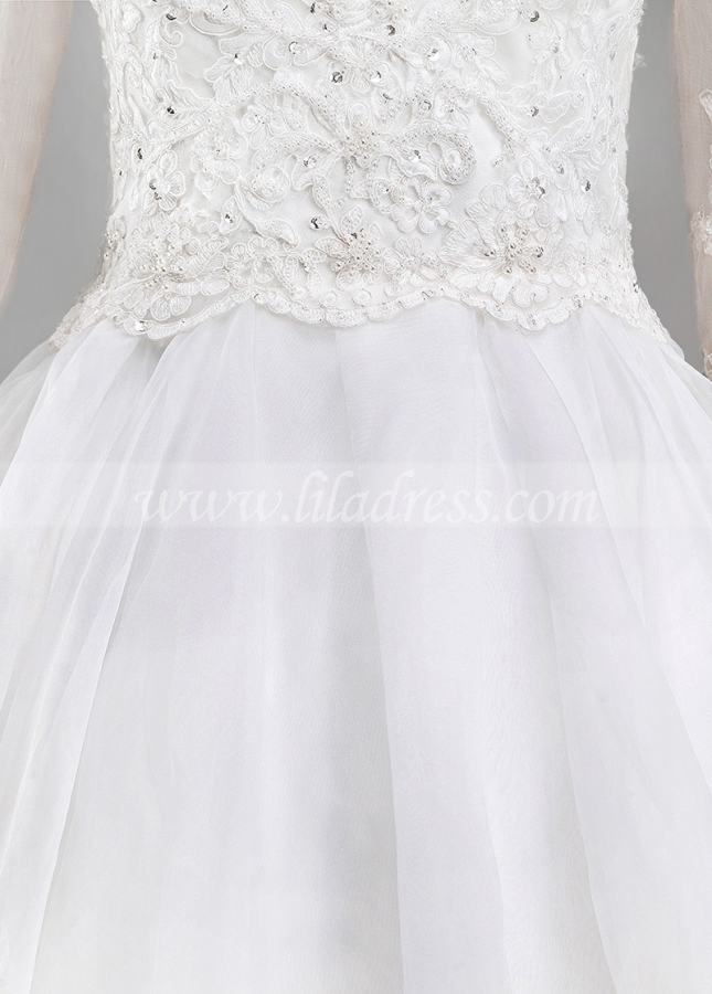 Elegant Tulle & Organza V-neck Neckline A-line Wedding Dress With Beaded Lace Appliques