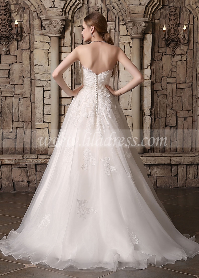 Glamorous Organza Strapless Neckline Lace Appliques A-line Wedding Dresses
