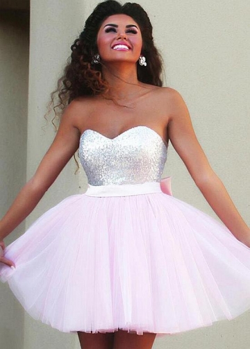 Pretty Tulle & Sequin Lace Sweetheart Neckline Short A-line Homecoming Dresses With Bowknots