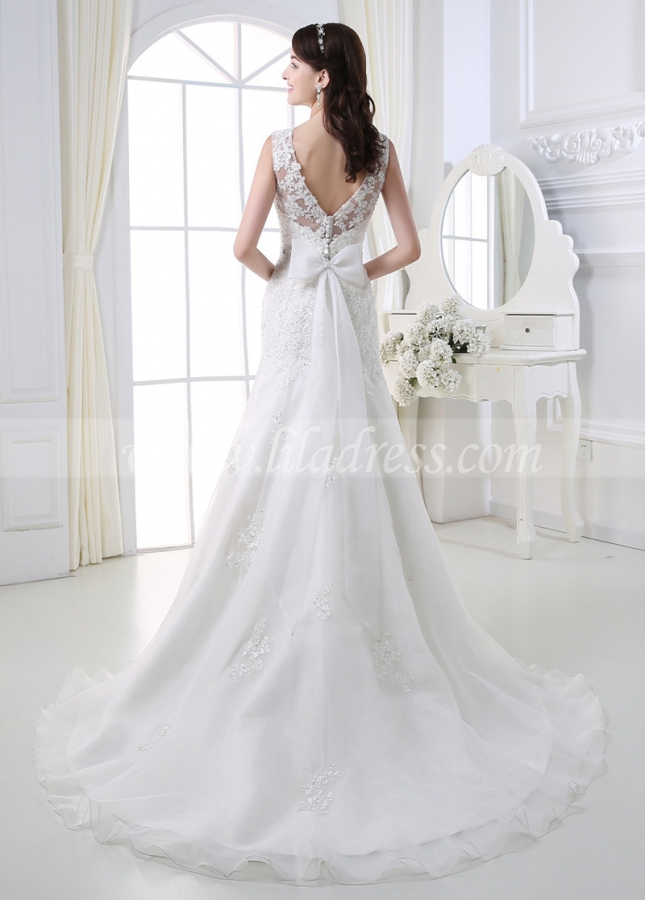 Stunning Organza A-line Bateau Neckline Wedding Dress With Beaded Lace Appliques
