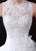 Glamorous Organza Bateau Neckline Ball Gown Wedding Dress With Beaded Lace Appliques