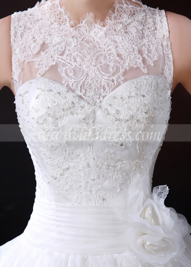 Glamorous Organza Bateau Neckline Ball Gown Wedding Dress With Beaded Lace Appliques