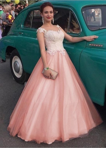 Distinctive Tulle Jewel Neckline Floor-length A-line Prom Dresses With Beaded Lace Appliques