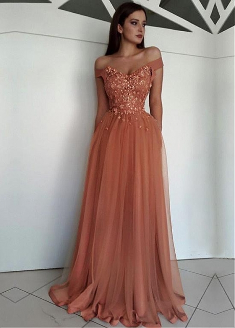 Glamorous Tulle Off-the-shoulder Neckline Floor-length A-line Evening Dresses With Beaded Lace Appliques