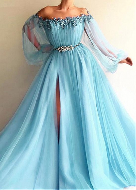 Modern Tulle Jewel Neckline Floor-length A-line Prom Dresses With Slit