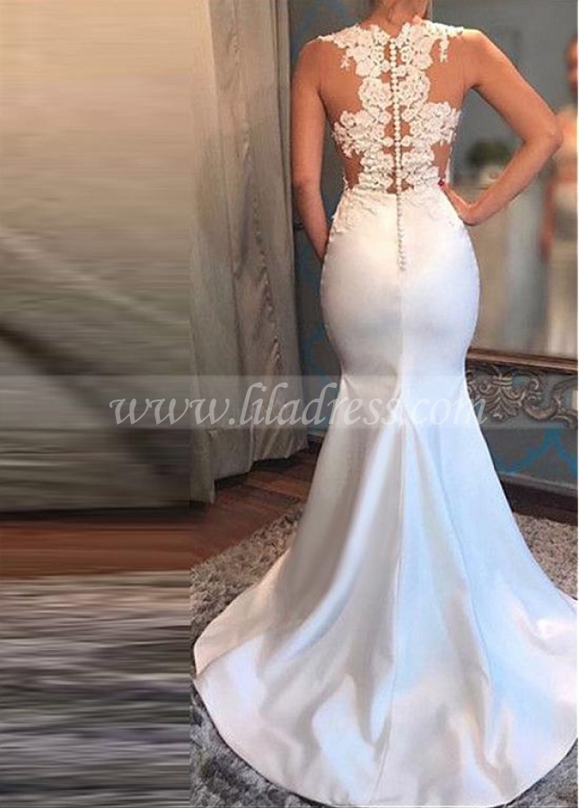 Honorable Satin Jewel Neckline Mermaid Evening Dress With Beaded Lace Appliques