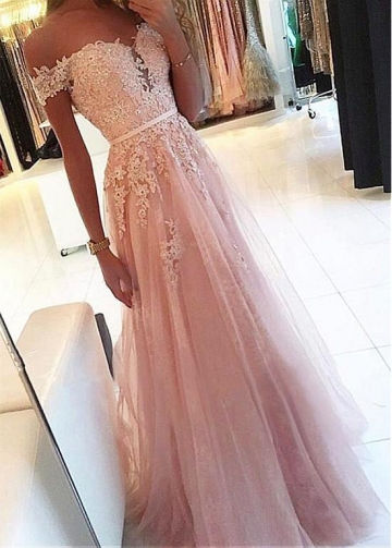 Fantastic Tulle & Lace Off-the-shoulder Neckline Floor-length A-line Prom Dress With Beaded Lace Appliques & Belt