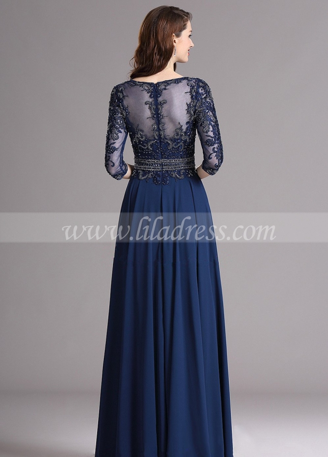 A-line Blue Chiffon Dazzling Beaded Mother Wedding Guest Dresses with Sleeves