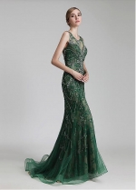 Gorgeous Tulle & Lace Scoop Neckline Mermaid Formal Dress With Beadings