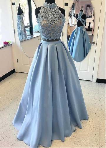 High Quality Lace & Satin Illusion High Collar Neckline A-line Prom Dresses With Beadings