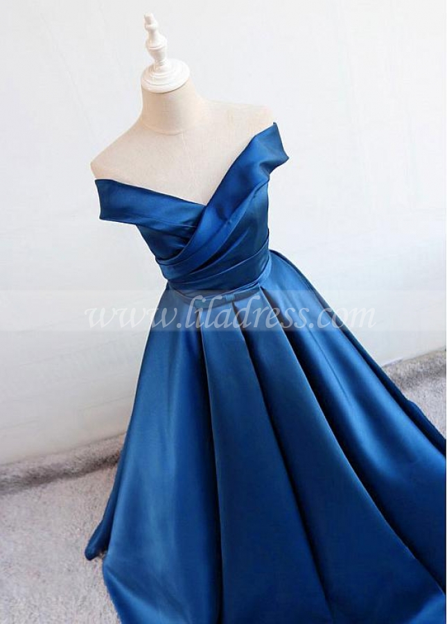 Chic Satin Off-the-shoulder Neckline Floor-length A-line Evening Dresses With Bowknot
