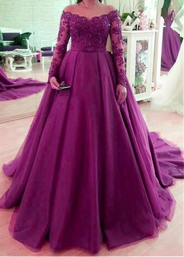 Dazzling Tulle Jewel Neckline Floor-length A-Line Prom Dresses With Beaded Lace Appliques & Bowknot