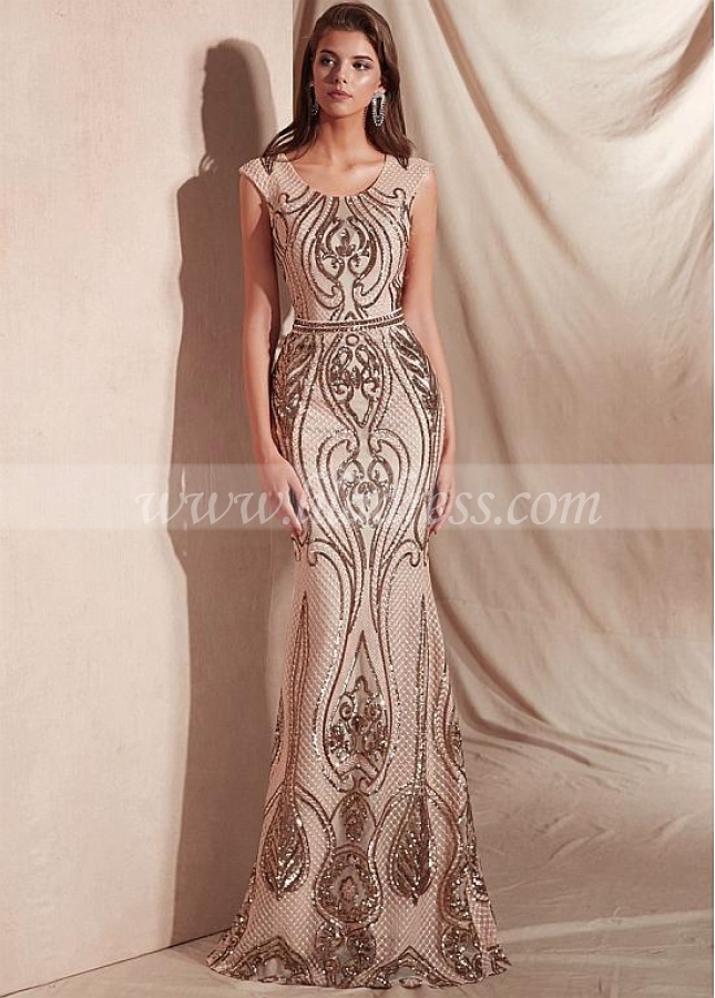 Stunning Embroidery Lace Scoop Neckline Cap Sleeves Sheath/Column Evening Dresses