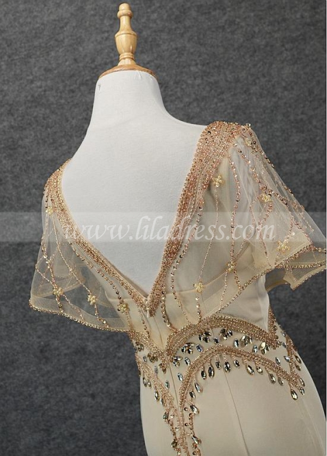 Romantic Tulle & Satin V-neck Neckline Mermaid Prom Dresses With Beadings
