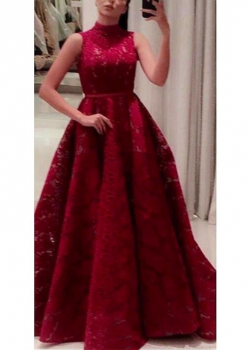Marvelous Lace High Collar Floor-length A-line Prom Dresses With Beadings & Belt