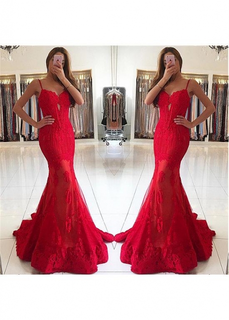 Brilliant Red Spaghetti Straps Neckline Floor-length Mermaid Evening Dresses With Beadings & Lace Appliques