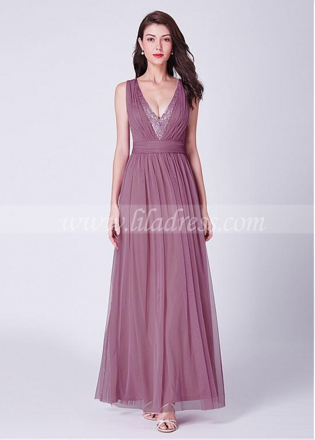 Glamorous Tulle V-neck Neckline Floor-length A-line Evening Dress With Beadings