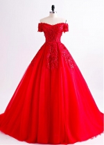 Eye-catching Tulle Off-the-shoulder Neckline Floor-length A-line Evening Dress With Beadings & Lace Appliques