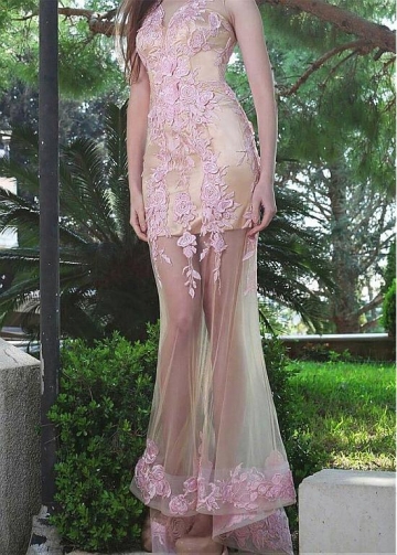 Charming Tulle Jewel Neckline Sheath/Column See-through Evening Dress With Lace Appliques