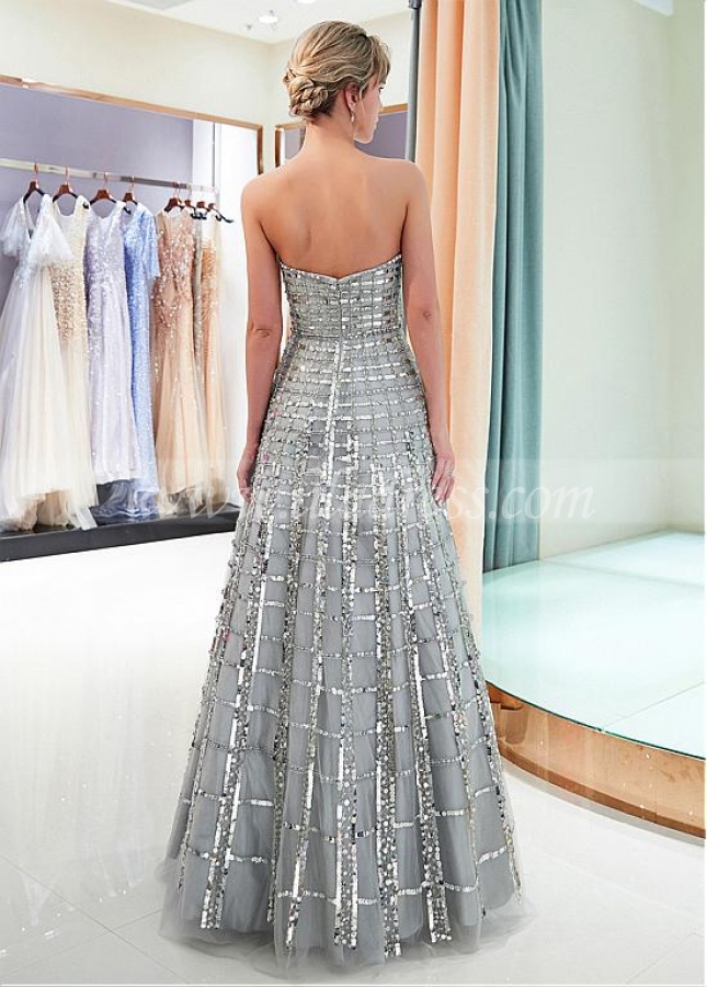 Eye-catching Sequin Lace Strapless Neckline A-line Prom Dress