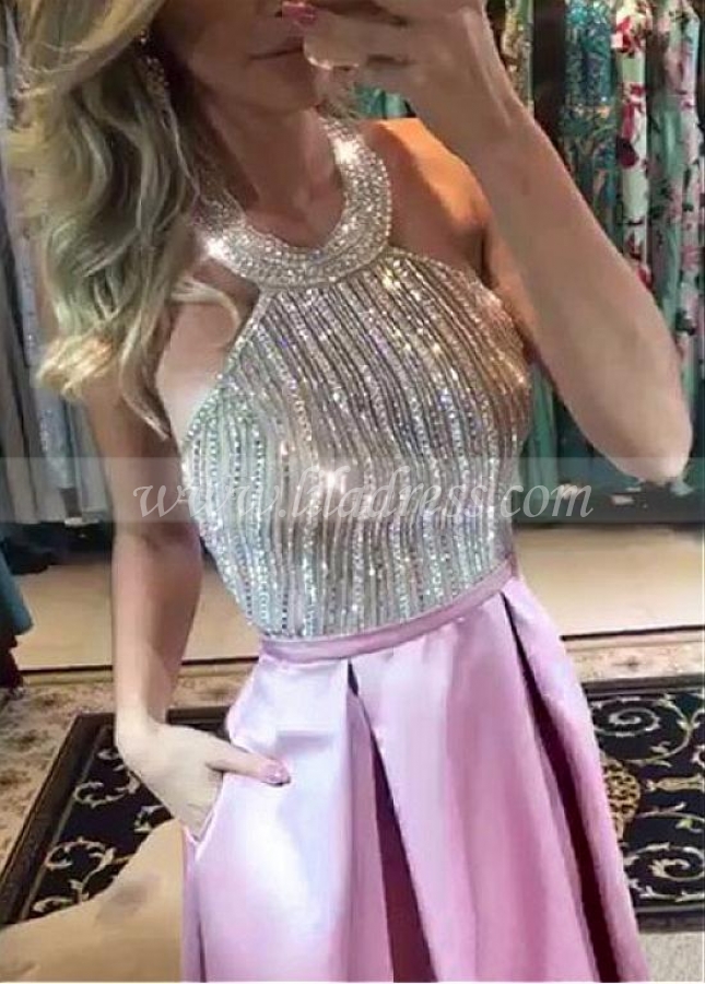 Stunning Satin Halter Neckline Floor-length A-Line Prom Dress With Pockets