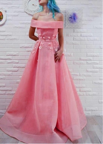 Elegant Organza Off-the-shoulder Neckline A-line Prom Dress With 3D Flowers & Beadings & Sash