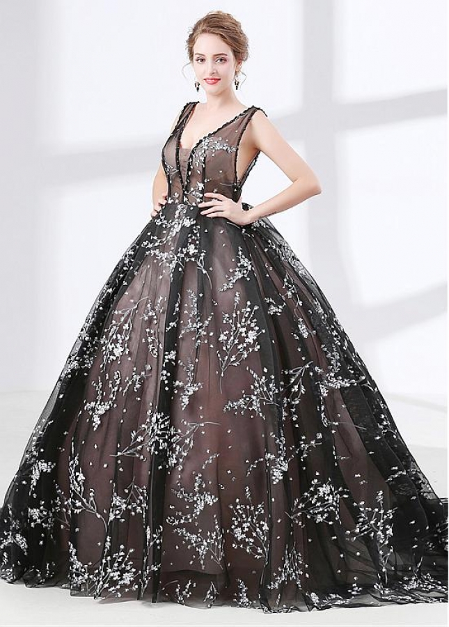 Beautiful Organza V-neck Neckline Black Ball Gown Evening Dress