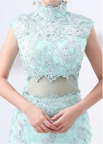 Lace High Collar Neckline Cap Sleeves Mermaid Evening Dress With Beadings
