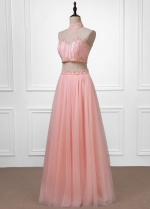 Romantic Tulle Halter Neckline A-line Two-piece Prom Dresses With Pleats & Beadings