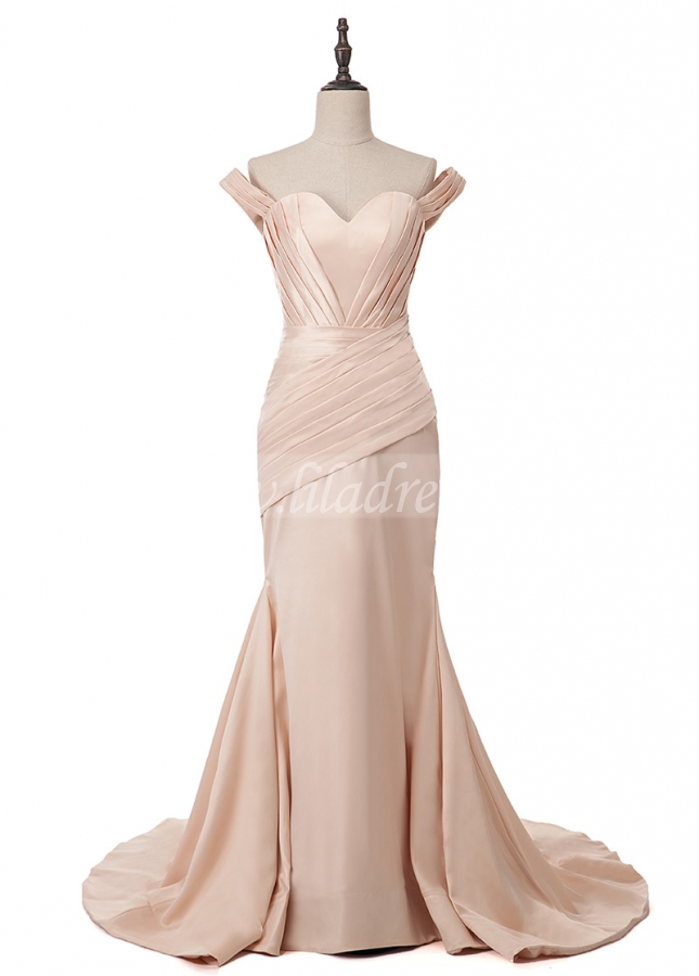Charming Acetate Satin Off-the-shoulder Neckline Mermaid Evening Dress With Pleats