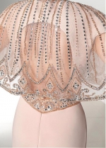 Elegant Tulle & Satin Jewel Neckline Sheath Evening Dresses With Beadings