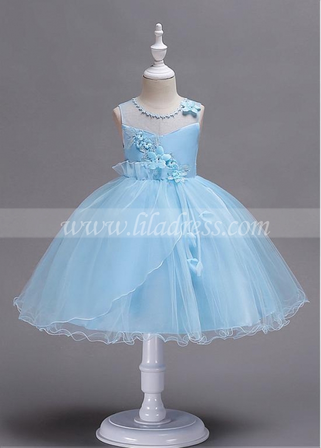 Marvelous Tulle & Satin Jewel Neckline Ball Gown Flower Girl Dress With 3D Flowers & Beadings