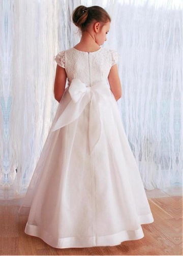 Brilliant Lace Square Neckline A-line Flower Girl Dress With Bowknots & Beadings