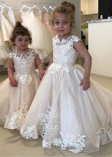 Charming Tulle Jewel Neckline Ball Gown Flower Girl Dresses With Lace Appliques