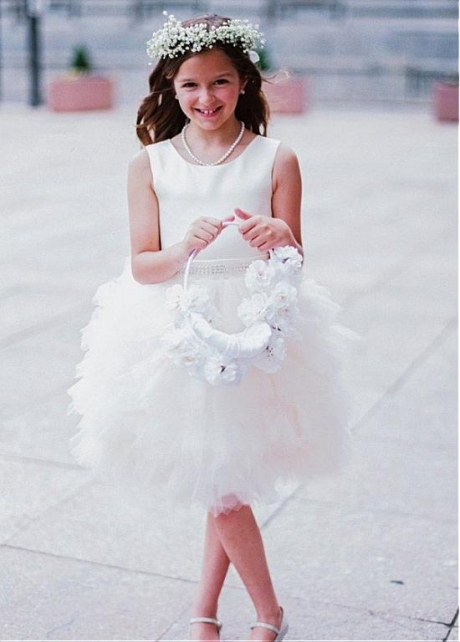 Gorgeous Tulle & Satin Scoop Neckline Ball Gown Flower Girl Dresses With Beadings