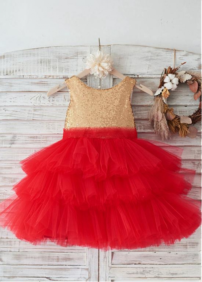 Glamorous Tulle & Sequin Lace Scoop Neckline Knee-length Ball Gown Flower Girl Dresses With Bowknot