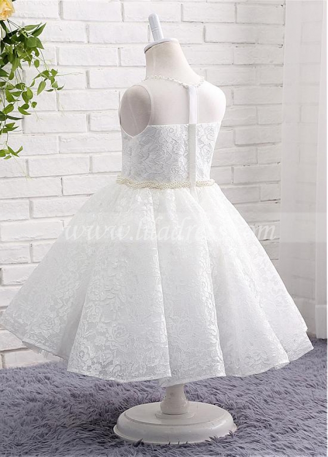 Fashionable Lace Jewel Neckline Ball Gown Flower Girl Dresses With Beadings