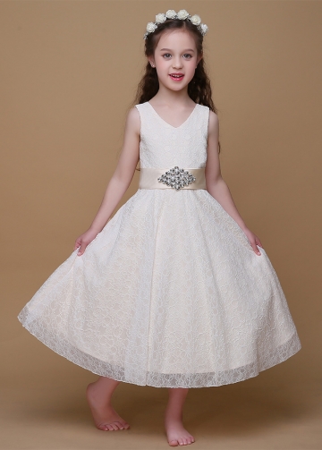 Glamorous Lace V-Neck A-Line Flower Girl Dresses With Rhinestones