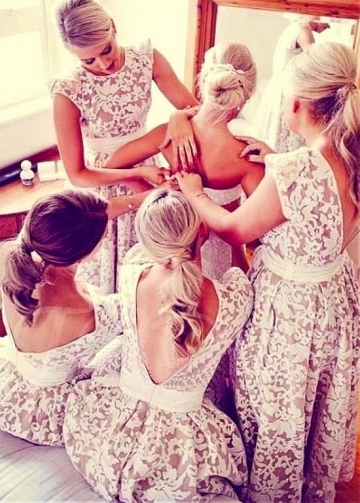 Alluring Lace & Satin Jewel Neckline Hi-lo A-line Bridesmaid Dresses With Belt