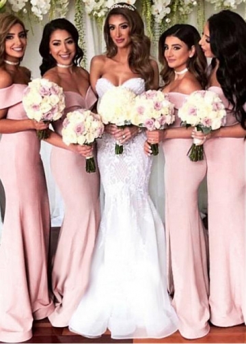 Delicate Pink Off-the-shoulder Neckline Floor-length Mermaid Bridesmaid Dresses