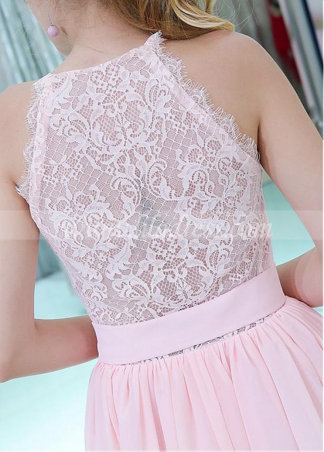 Pink Pretty Chiffon & Lace V-neck Neckline Knee-length A-line Homecoming Dresses With Belt