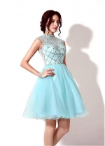 Light Blue Tulle High Collar Neckline Short A-line Homecoming Dress With Beadings