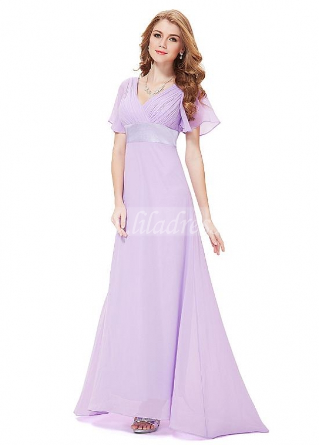 Charming Chiffon V-neck Neckline Illusion Sleeves Full Length A-line Prom / Mother Of The Bride Dress With Pleats